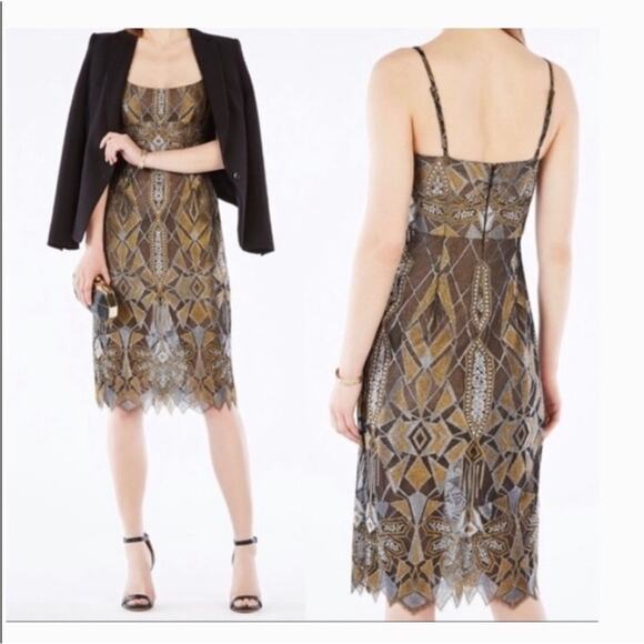 BCBGMAXAZRIA Alese Geometric Metallic Lace Cocktail Dress, EUC, Size 8 MSRP $448 - Picture 6 of 13